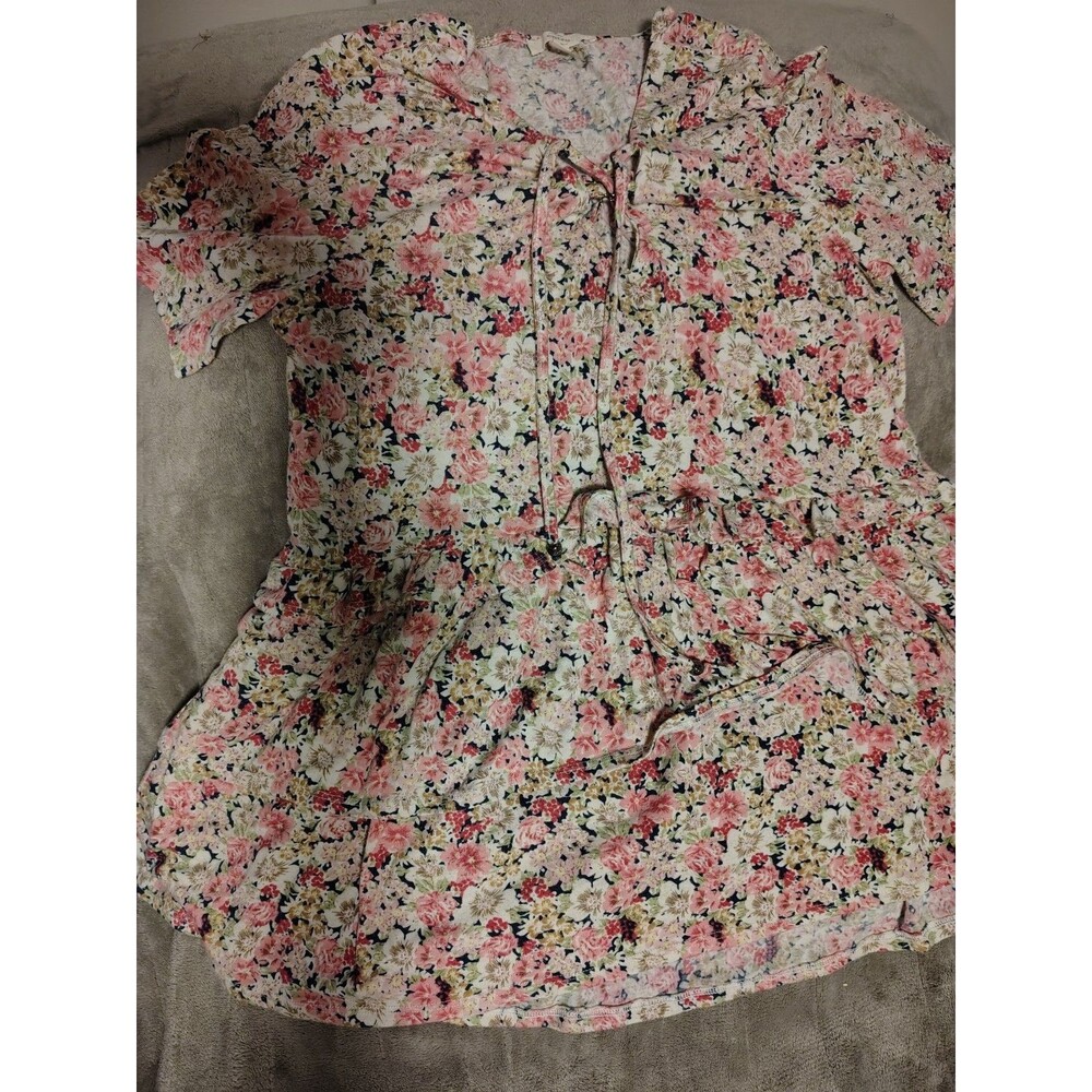 Entro Pink Floral Ruffle Tie Short Sleeve A-Line Dress Women's M